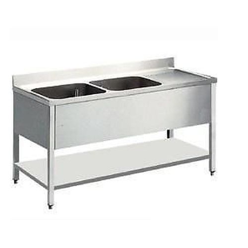 Lavello inox 2 vasche con gocciolatoio a dx  e ripiano 180x60